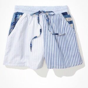 American Eagle Outfitters Blue & White Striped High-Waist Drawstring Shorts Med